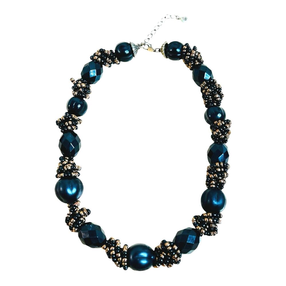 Liz Claiborne Signed LC Black Gold Chunky Beaded Statement Choker Necklace